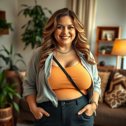 A confident, chubby middle-aged woman with an inviting smile, wearing a stylish outfit that accentuates her curves