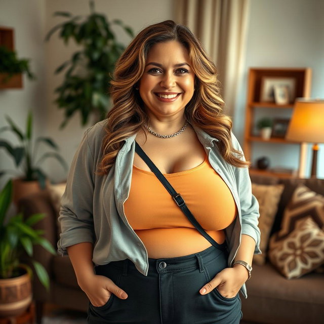 A confident, chubby middle-aged woman with an inviting smile, wearing a stylish outfit that accentuates her curves