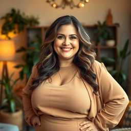 A confident, chubby middle-aged woman with an inviting smile, wearing a stylish outfit that accentuates her curves