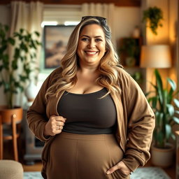 A confident, chubby middle-aged woman with an inviting smile, wearing a stylish outfit that accentuates her curves