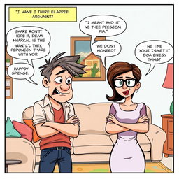 A comic strip scene depicting a humorous argument between a man and his wife