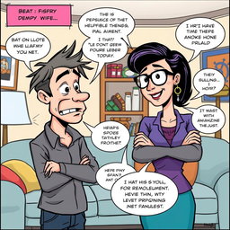 A comic strip scene depicting a humorous argument between a man and his wife