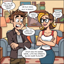 A comic strip scene depicting a humorous argument between a man and his wife