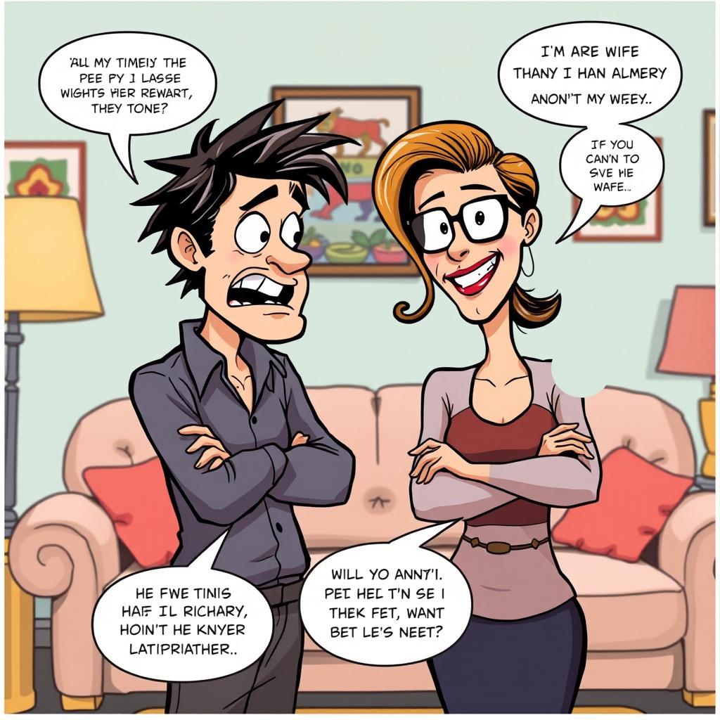 A comic strip scene depicting a humorous argument between a man and his wife