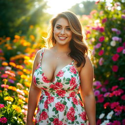 A curvy brunette woman with big breasts, wearing a beautiful and summery floral dress, standing in a vibrant flower garden filled with colorful blooms