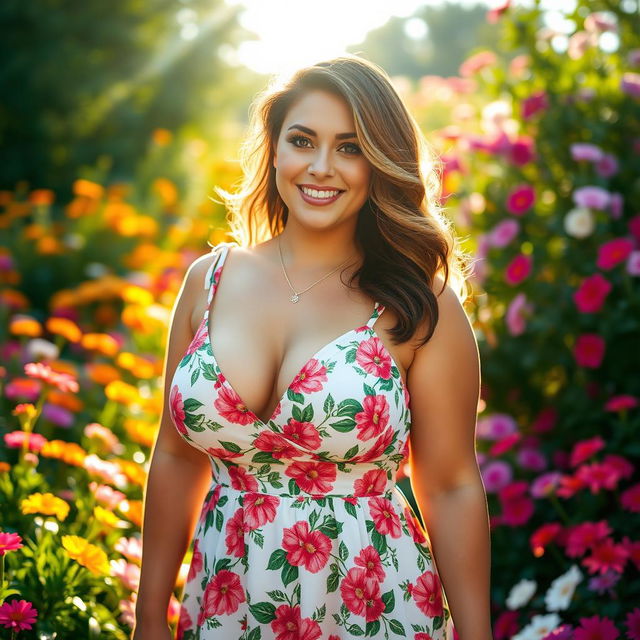 A curvy brunette woman with big breasts, wearing a beautiful and summery floral dress, standing in a vibrant flower garden filled with colorful blooms