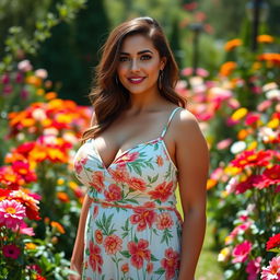 A curvy brunette woman with big breasts, wearing a beautiful and summery floral dress, standing in a vibrant flower garden filled with colorful blooms