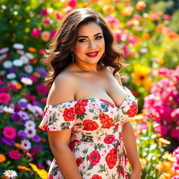 A curvy brunette woman with big breasts, wearing a beautiful and summery floral dress, standing in a vibrant flower garden filled with colorful blooms