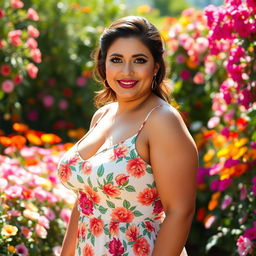 A curvy brunette woman with big breasts, wearing a beautiful and summery floral dress, standing in a vibrant flower garden filled with colorful blooms
