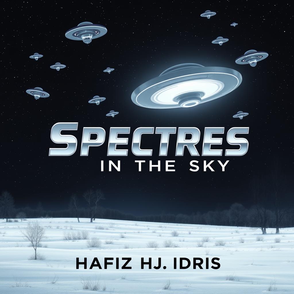 A science fiction book cover depicting a stunning black starry sky filled with various shapes and sizes of UFOs hovering above a serene winter countryside landscape