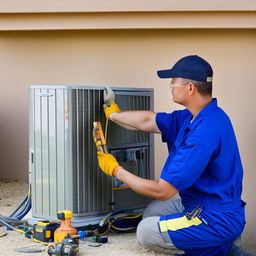 A dedicated air conditioning mechanic diligently working on a complex residential air conditioning unit, equipped with a full set of professional tools.