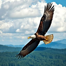 A majestic eagle soaring high above a picturesque landscape, with its wings fully spread, showcasing intricate feather details