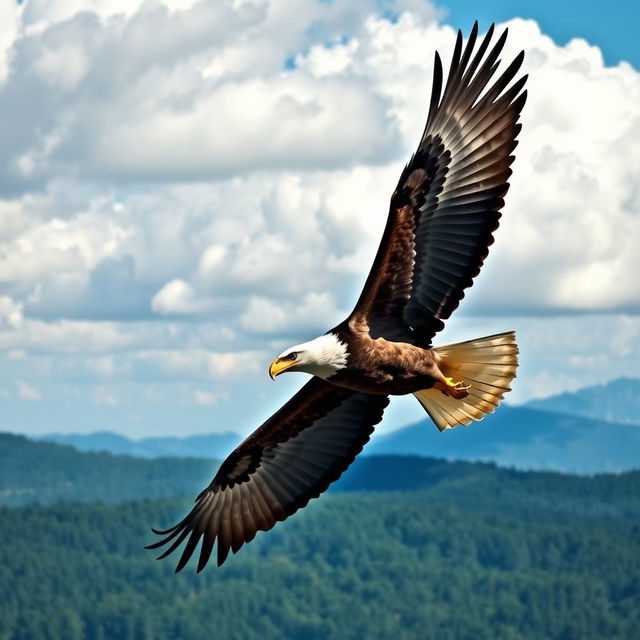 A majestic eagle soaring high above a picturesque landscape, with its wings fully spread, showcasing intricate feather details