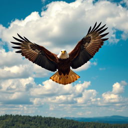 A majestic eagle soaring high above a picturesque landscape, with its wings fully spread, showcasing intricate feather details