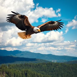 A majestic eagle soaring high above a picturesque landscape, with its wings fully spread, showcasing intricate feather details