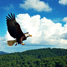 A majestic eagle soaring high above a picturesque landscape, with its wings fully spread, showcasing intricate feather details