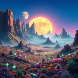 A beautiful, vividly colored alien planet with unique geological formations, featuring multi-colored vegetation, towering mountains, and two moons in the sky