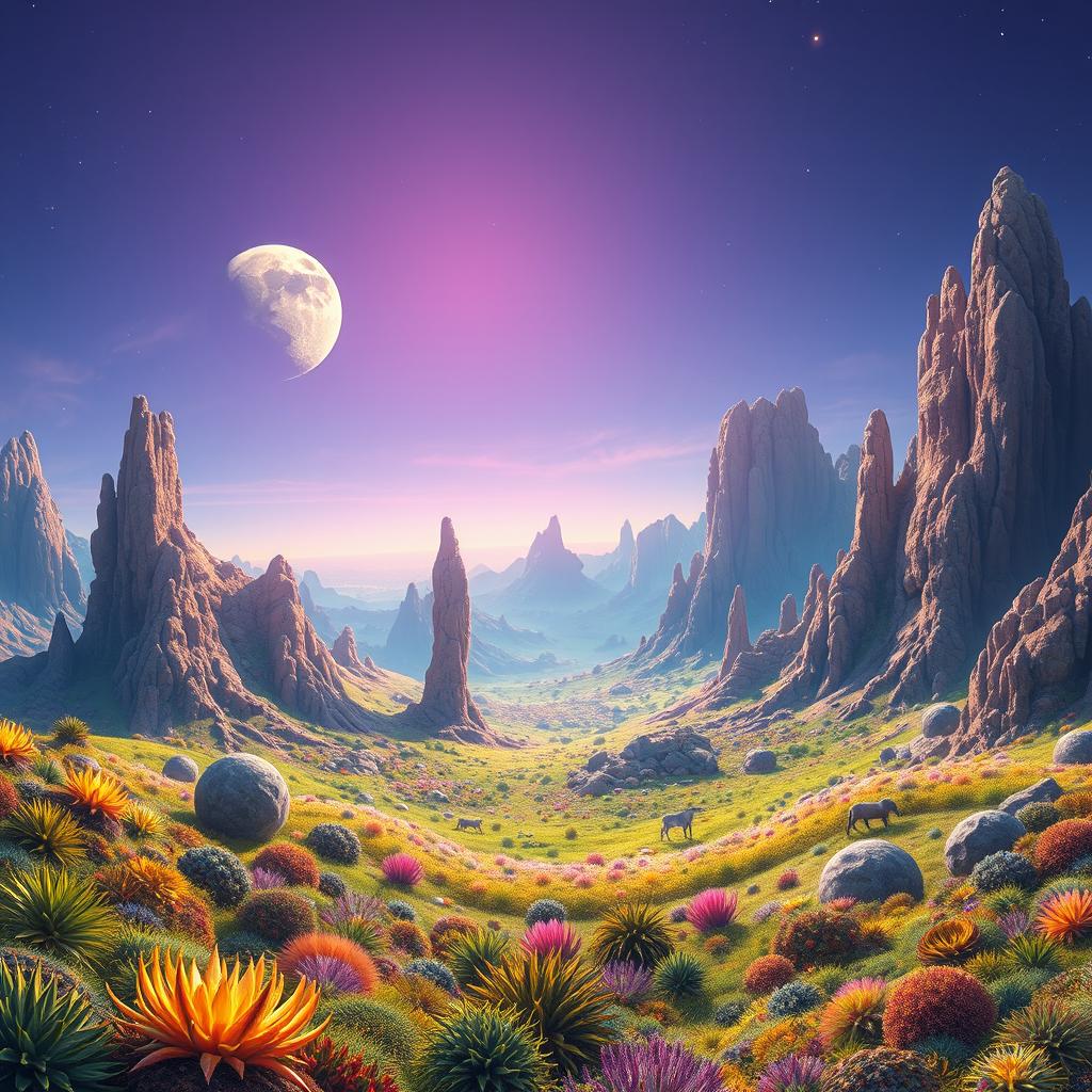 A beautiful, vividly colored alien planet with unique geological formations, featuring multi-colored vegetation, towering mountains, and two moons in the sky