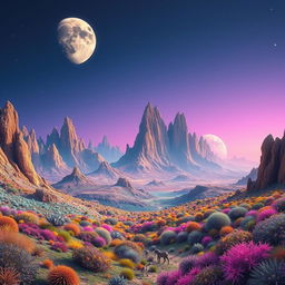 A beautiful, vividly colored alien planet with unique geological formations, featuring multi-colored vegetation, towering mountains, and two moons in the sky