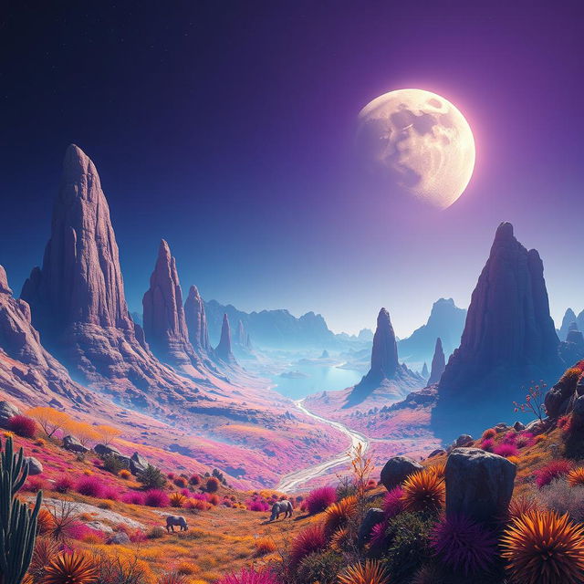 A beautiful, vividly colored alien planet with unique geological formations, featuring multi-colored vegetation, towering mountains, and two moons in the sky
