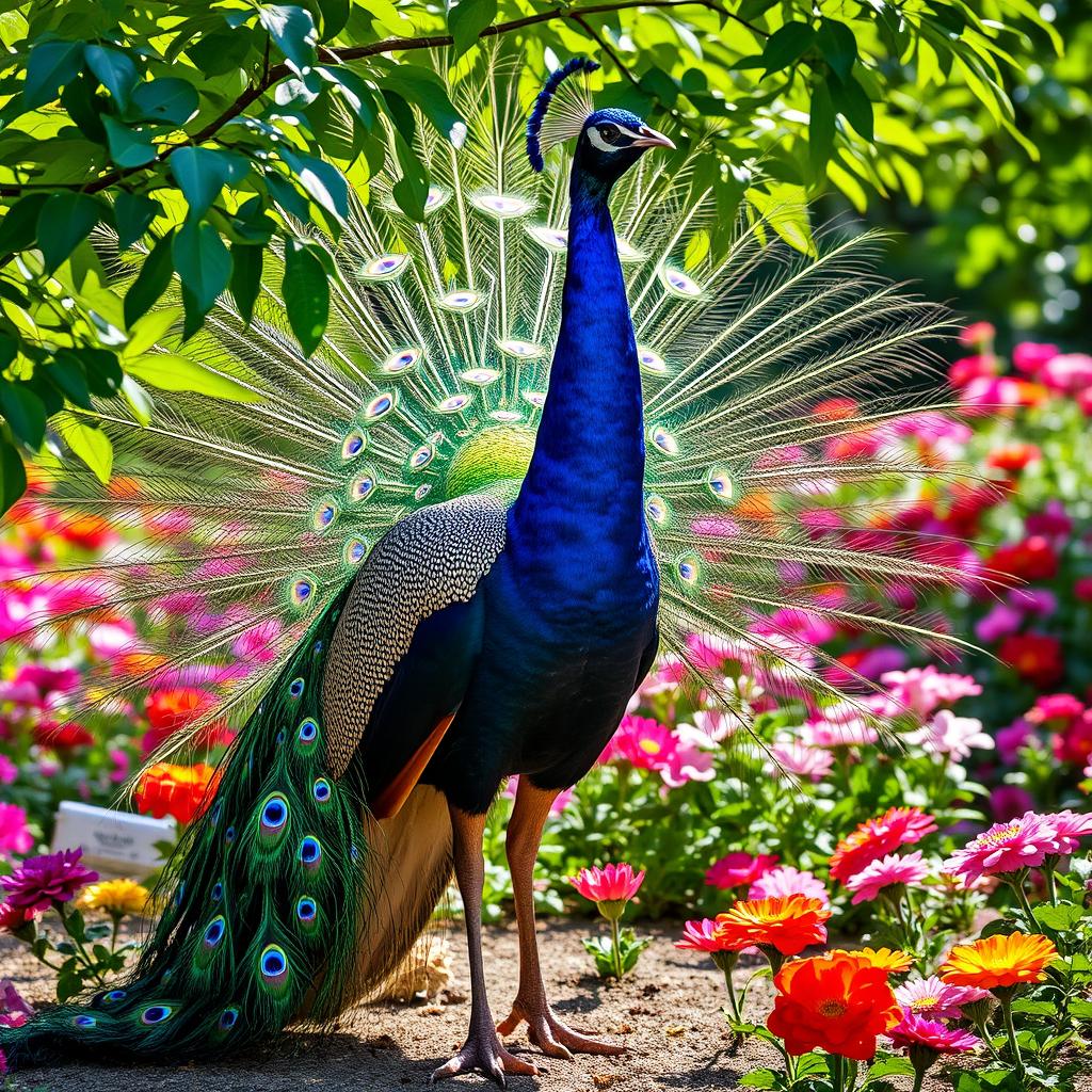 A beautiful, majestic peacock standing proudly, its vibrant feathers fanned out displaying an array of iridescent greens, blues, and golds, set against a lush garden filled with colorful flowers
