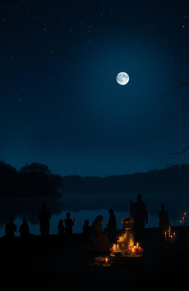 A serene night scene depicting Amavasya, the new moon night, enveloped in a mystical aura