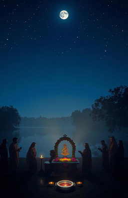 A serene night scene depicting Amavasya, the new moon night, enveloped in a mystical aura