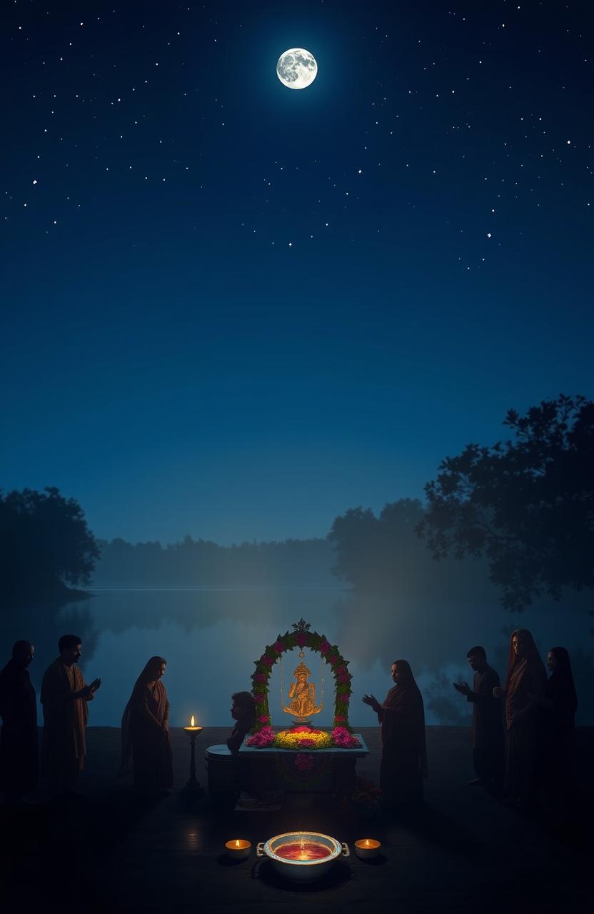 A serene night scene depicting Amavasya, the new moon night, enveloped in a mystical aura