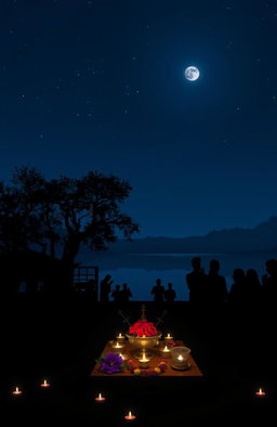 A serene night scene depicting Amavasya, the new moon night, enveloped in a mystical aura