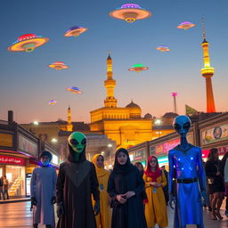 A vibrant scene of aliens visiting Tehran, capturing the unique blend of ancient Persian architecture and futuristic extraterrestrial features