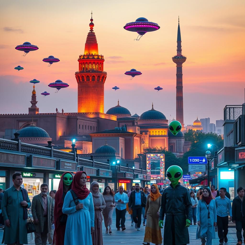 A vibrant scene of aliens visiting Tehran, capturing the unique blend of ancient Persian architecture and futuristic extraterrestrial features