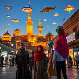 A vibrant scene of aliens visiting Tehran, capturing the unique blend of ancient Persian architecture and futuristic extraterrestrial features