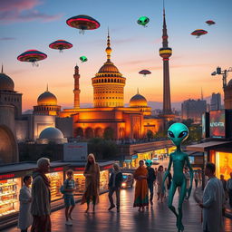A vibrant scene of aliens visiting Tehran, capturing the unique blend of ancient Persian architecture and futuristic extraterrestrial features