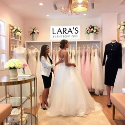 A stylish and elegant boutique named 'LARA'S Event BOUTIQUE', featuring a chic and modern interior design
