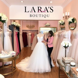 A stylish and elegant boutique named 'LARA'S Event BOUTIQUE', featuring a chic and modern interior design