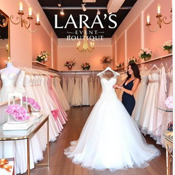 A stylish and elegant boutique named 'LARA'S Event BOUTIQUE', featuring a chic and modern interior design