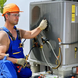 A dedicated air conditioning mechanic diligently working on a complex residential air conditioning unit, equipped with a full set of professional tools.