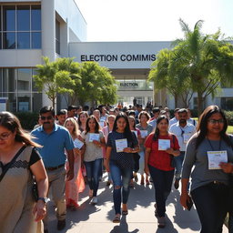 An election commission building with a modern architectural design, featuring large glass windows and a welcoming entrance