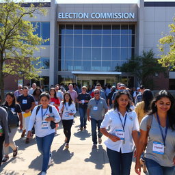 An election commission building with a modern architectural design, featuring large glass windows and a welcoming entrance