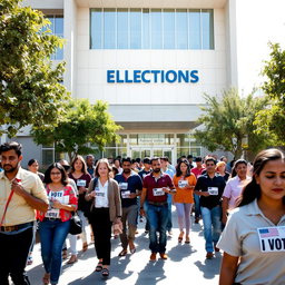 An election commission building with a modern architectural design, featuring large glass windows and a welcoming entrance