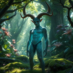 A humanoid figure with majestic, intricate horns branching out from its head, standing confidently in an enchanting forest