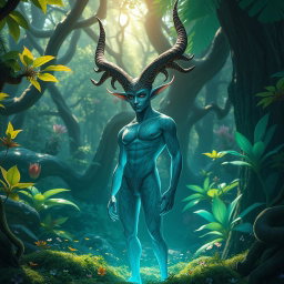 A humanoid figure with majestic, intricate horns branching out from its head, standing confidently in an enchanting forest