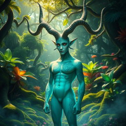 A humanoid figure with majestic, intricate horns branching out from its head, standing confidently in an enchanting forest