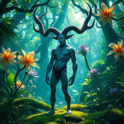 A humanoid figure with majestic, intricate horns branching out from its head, standing confidently in an enchanting forest