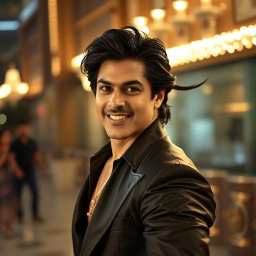 A dramatic and cinematic scene featuring a confident individual posing in a stylish, charismatic manner reminiscent of Shahrukh Khan in his iconic movie roles