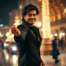 A dramatic and cinematic scene featuring a confident individual posing in a stylish, charismatic manner reminiscent of Shahrukh Khan in his iconic movie roles