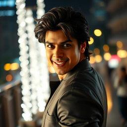 A dramatic and cinematic scene featuring a confident individual posing in a stylish, charismatic manner reminiscent of Shahrukh Khan in his iconic movie roles