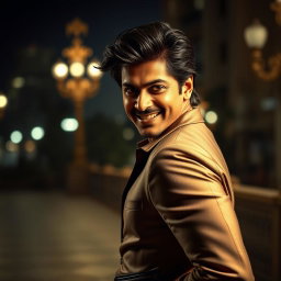 A dramatic and cinematic scene featuring a confident individual posing in a stylish, charismatic manner reminiscent of Shahrukh Khan in his iconic movie roles