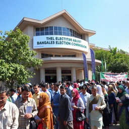 A building of the Bangladesh Election Commission, characterized by its distinctive architecture and prominent signage