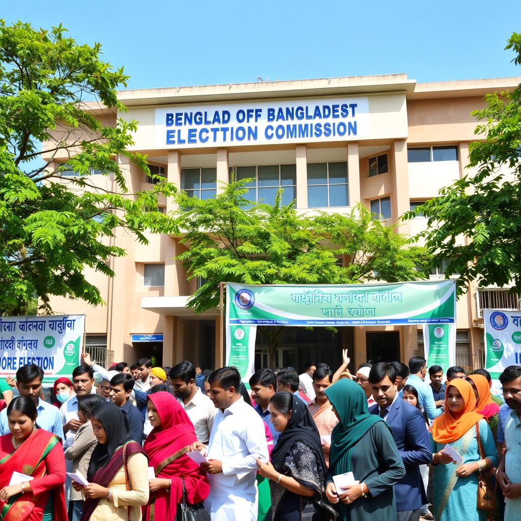 A building of the Bangladesh Election Commission, characterized by its distinctive architecture and prominent signage